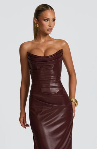 M.T Alba Maxi Dress Faux Leather Cowl Neck Burgundy