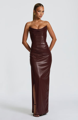 M.T Alba Maxi Dress Faux Leather Cowl Neck Burgundy