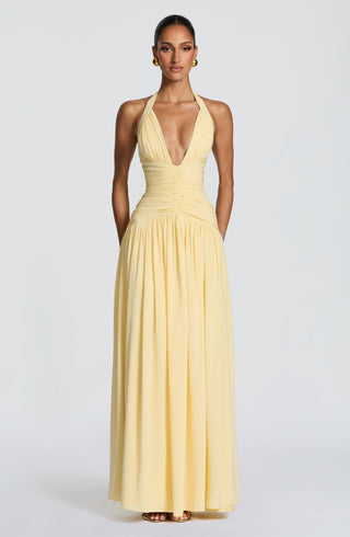 M.T Amaris Maxi Dress Chiffon Plunge Halter Lemon