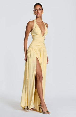 M.T Amaris Maxi Dress Chiffon Plunge Halter Lemon