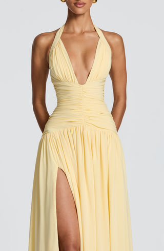 M.T Amaris Maxi Dress Chiffon Plunge Halter Lemon