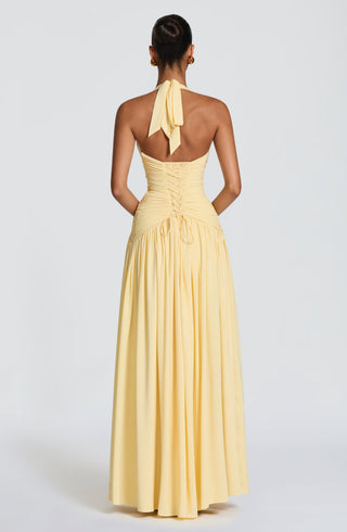 M.T Amaris Maxi Dress Chiffon Plunge Halter Lemon