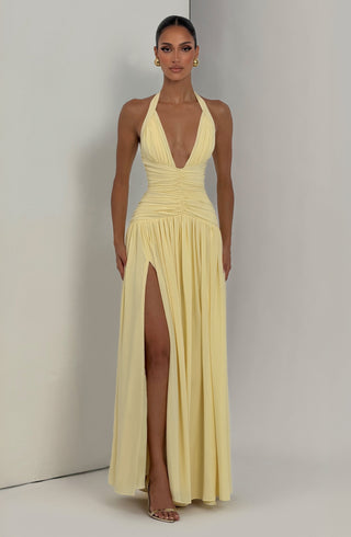 M.T Amaris Maxi Dress Chiffon Plunge Halter Lemon