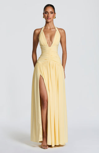 M.T Amaris Maxi Dress Chiffon Plunge Halter Lemon