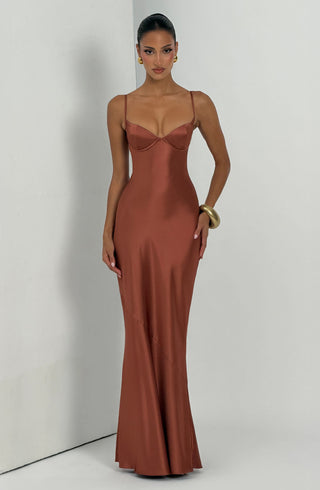 M.T Amorette Maxi Dress Satin Underwired Bust Rust