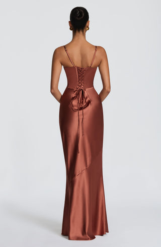 M.T Amorette Maxi Dress Satin Underwired Bust Rust