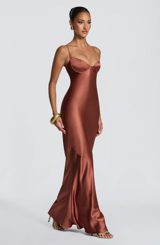 M.T Amorette Maxi Dress Satin Underwired Bust Rust