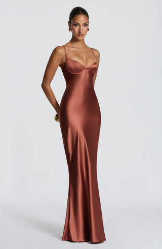M.T Amorette Maxi Dress Satin Underwired Bust Rust
