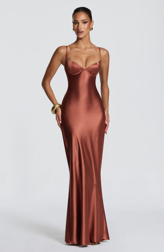 M.T Amorette Maxi Dress Satin Underwired Bust Rust