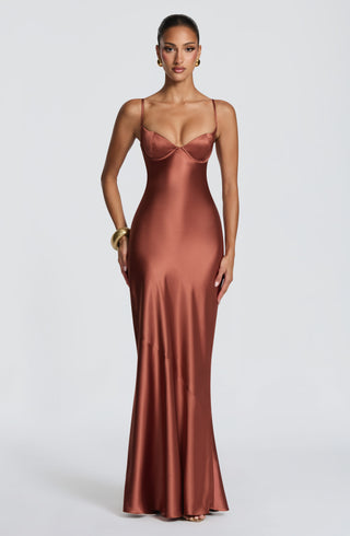 M.T Amorette Maxi Dress Satin Underwired Bust Rust