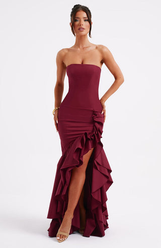 C.F Angelina Maxi Dress Non-Stretch Cotton Blend Frilled Burgundy