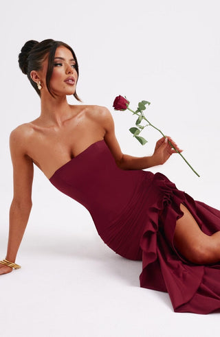 C.F Angelina Maxi Dress Non-Stretch Cotton Blend Frilled Burgundy