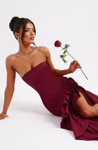 C.F Angelina Maxi Dress Non-Stretch Cotton Blend Frilled Burgundy