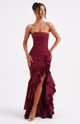 C.F Angelina Maxi Dress Non-Stretch Cotton Blend Frilled Burgundy
