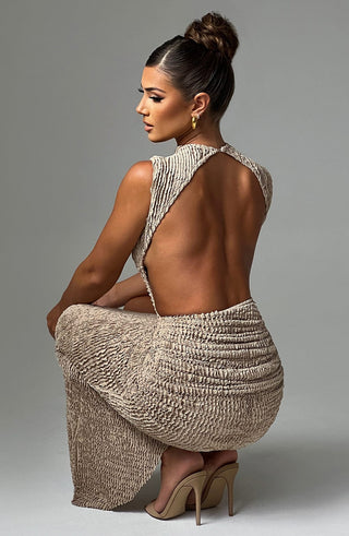 L.F Aphrodite Midi Dress Textured Stretch Open Back Beige