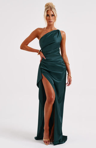 M.T Ariel Maxi Dress Satin Emerald One-Shoulder