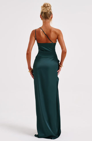 M.T Ariel Maxi Dress Satin Emerald One-Shoulder