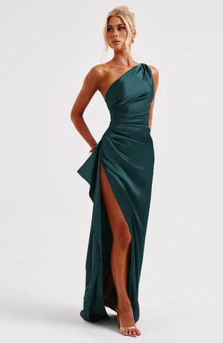 M.T Ariel Maxi Dress Satin Emerald One-Shoulder