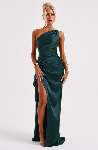 M.T Ariel Maxi Dress Satin Emerald One-Shoulder