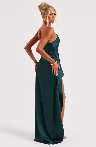 M.T Ariel Maxi Dress Satin Emerald One-Shoulder