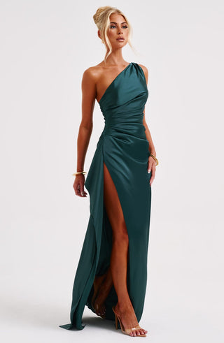 M.T Ariel Maxi Dress Satin Emerald One-Shoulder