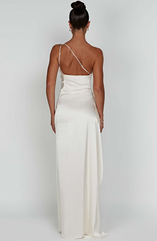 M.T Ariel Maxi Dress Luxury Stretch Satin One-Shoulder Ivory