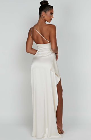M.T Ariel Maxi Dress Luxury Stretch Satin One-Shoulder Ivory