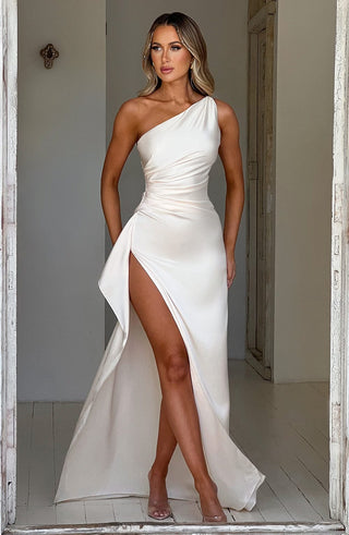 M.T Ariel Maxi Dress Luxury Stretch Satin One-Shoulder Ivory