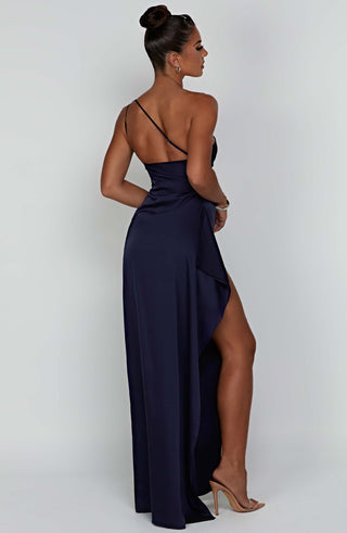 M.T Ariel Maxi Dress Satin One-Shoulder Navy