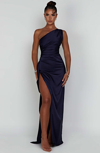 M.T Ariel Maxi Dress Satin One-Shoulder Navy
