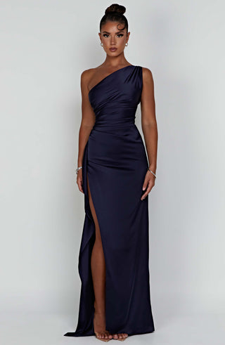 M.T Ariel Maxi Dress Satin One-Shoulder Navy