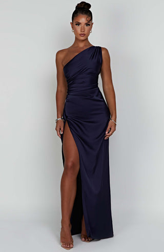 M.T Ariel Maxi Dress Satin One-Shoulder Navy