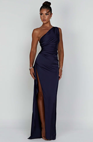 M.T Ariel Maxi Dress Satin One-Shoulder Navy