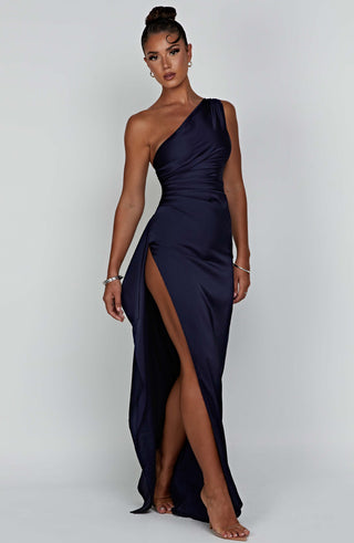 M.T Ariel Maxi Dress Satin One-Shoulder Navy
