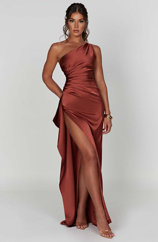 M.T Ariel Maxi Dress Luxury Lightweight Stretch Satin Rust