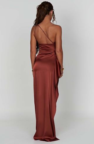 M.T Ariel Maxi Dress Luxury Lightweight Stretch Satin Rust