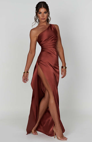 M.T Ariel Maxi Dress Luxury Lightweight Stretch Satin Rust
