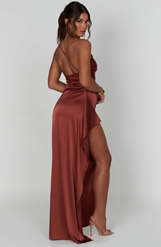 M.T Ariel Maxi Dress Luxury Lightweight Stretch Satin Rust