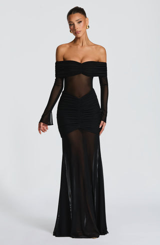 L.F Arlena Maxi Dress Sheer Mesh Bardot Neckline Black