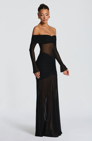 L.F Arlena Maxi Dress Sheer Mesh Bardot Neckline Black