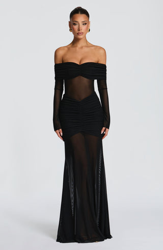 L.F Arlena Maxi Dress Sheer Mesh Bardot Neckline Black