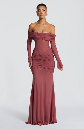 L.F Arlena Maxi Dress Sheer Mesh Bodice Rose Brown