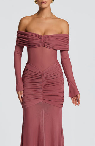 L.F Arlena Maxi Dress Sheer Mesh Bodice Rose Brown