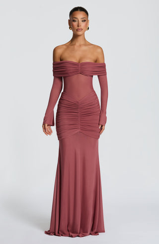 L.F Arlena Maxi Dress Sheer Mesh Bodice Rose Brown