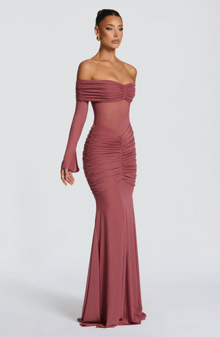 L.F Arlena Maxi Dress Sheer Mesh Bodice Rose Brown