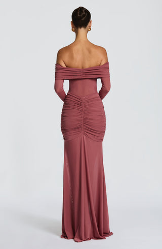 L.F Arlena Maxi Dress Sheer Mesh Bodice Rose Brown