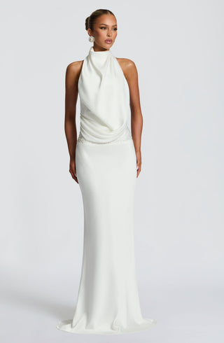 R.F Armelle Maxi Dress Textured Satin Embellished Waistband Ivory