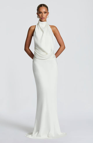 R.F Armelle Maxi Dress Textured Satin Embellished Waistband Ivory