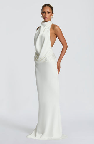 R.F Armelle Maxi Dress Textured Satin Embellished Waistband Ivory