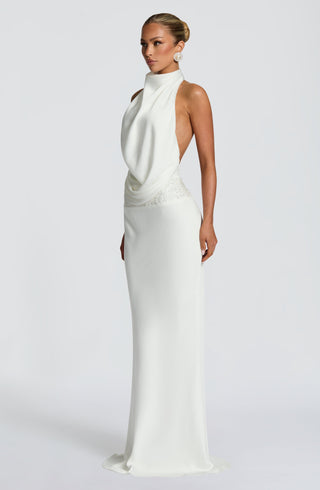 R.F Armelle Maxi Dress Textured Satin Embellished Waistband Ivory
